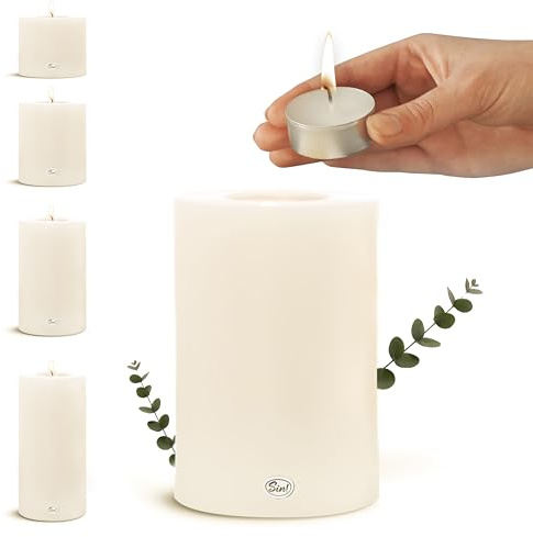 SiN! Teelichthalter warmweiß Trend - Durchmesser 10cm / Höhe 21cm in Kerzenform - Dauerkerze mit Teelicht - Kunststoffkerze mit Teelichteinsatz - inkl. Maxi Teelicht mit 8 Std. Brenndauer.