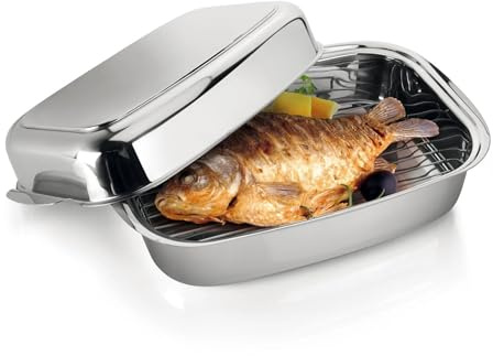 Tescoma Bräter mit Deckel 36 x 24 cm, Edelstahl für alle Herdarten und Öfen | Inklusive Drahteinsatz zum Braten, Schmoren oder, Überbacken, spülmaschinenfest, Produktlinie EXCLUSIVE