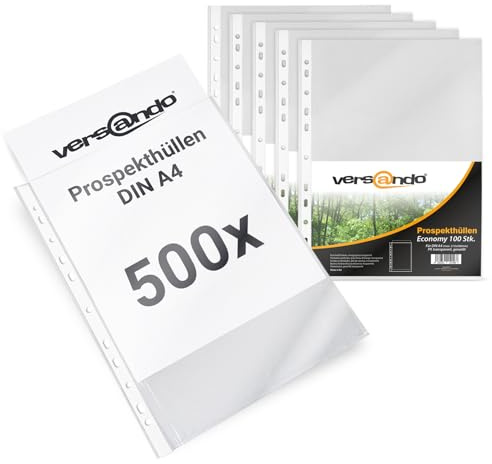 versando 500x A4 Prospekthüllen Economy mit Heftrand Klarsichthüllen genarbt transparent 45my (5x100 Stück)