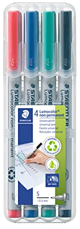 STAEDTLER Universalstift Lumocolor non-permanent, feucht abwischbar, für fast alle Oberflächen, Linienbreite ca. 0,4 mm, 4 Folienstifte in sortierten Farben, 311 WP4