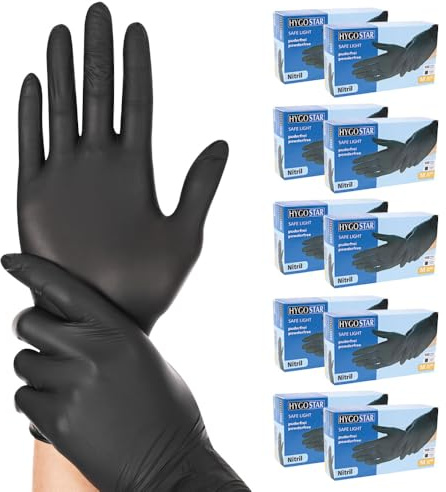 1000 Stück Hygostar Einweghandschuhe Safe Light, Einmalhandschuhe Größe L, reißfeste Nitrilhandschuhe, puderfrei, latexfreie Gummihandschuhe, Handschuhe Einweg, Schwarz in XS, S, M, L, XL & XXL