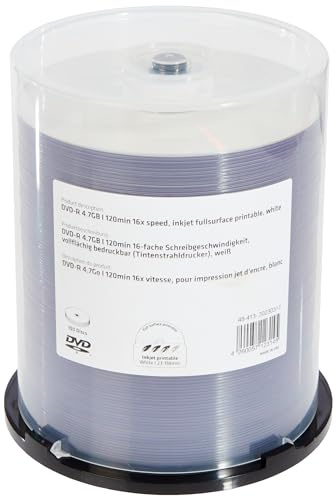 MediaRange DVD-R 4.7GB|120min 16-fache Schreibgeschwindigkeit, vollflächig bedruckbar (Tintenstrahldrucker), weiß,100er Pack, MR413