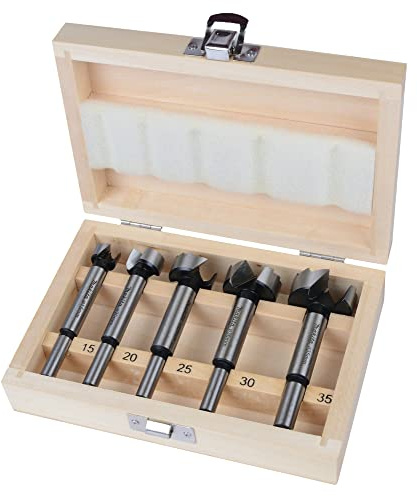 Makita D-47363 Forstnerbohrer-Set 5-teilig in Holzkassette, Ø 15, 20, 25, 30, 35 mm, für Weich- und Hartholz, 8 mm Rundschaft, Länge 90 mm