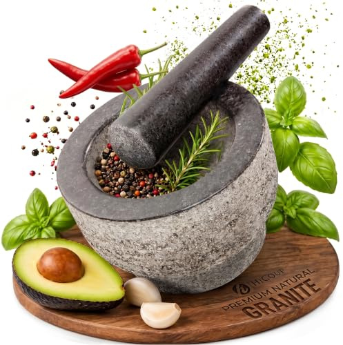 Granit-Mörser und Stößel von HiCoup - natürliche unpolierte, nicht porös, spülmaschinenfest, Mörser und Stößel Set, 15cm