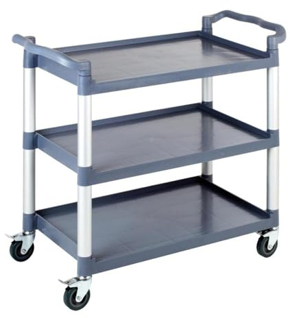 APS Servier-/Transportwagen Aluminiumrahmen, 3 Böden, Abstand je Boden 31 cm, 4 Lenkrollen mit Feststellern, Tragfähigkeit 80 kg je Boden, 240 kg gesamt, demontiert, einfache Montage, ohne Container
