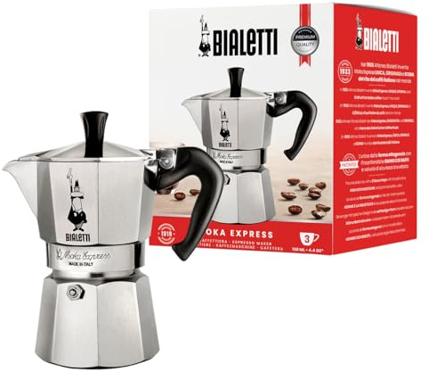 Bialetti - Moka Express: Ikonische Espressomaschine für die Herdplatte, macht echten Italienischen Kaffee, Moka-Kanne 3 Tassen (130ml), Aluminium, Silber, Alu