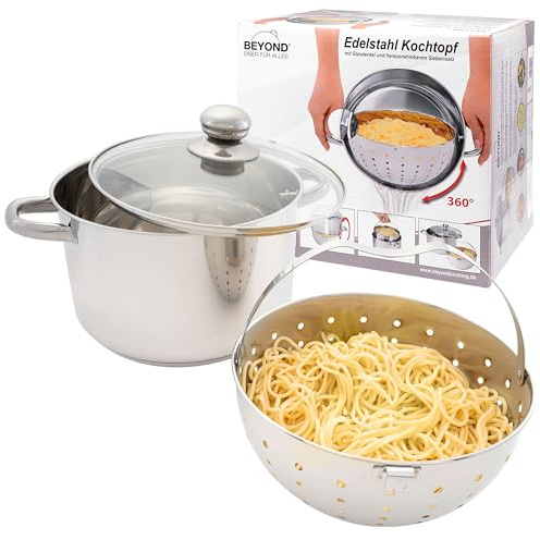 Beyond Nudeltopf 24 cm, Edelstahl Kochtopf mit Glasdeckel und herausnehmbarem Siebeinsatz, Pastatopf für Induktion und alle Herdarten geeignet, auch zum Braten und Suppen zubereiten verwendbar