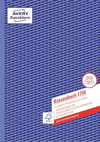 AVERY Zweckform 1756 Kassenbuch (A4, 2x40 Blatt, selbstdurchschreibend, nach Steuerschiene 300, EDV-gerechte Datenerfassung, von Rechtsexperten geprüft, für DE, ordnungsgemäße Buchführung) weiß/gelb