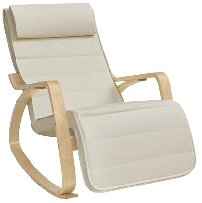 SONGMICS Schaukelstuhl, mit Armlehnen aus Birkenholz, Schaukelsessel, 5-fach verstellbare Fußstütze, bis 150 kg belastbar, für Schlafzimmer, Wohnzimmer, beige-naturfarben LYY10M