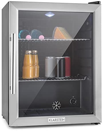 Klarstein Getränkekühlschrank, Kühlschrank Klein mit 2 Ablagen, Minikühlschrank Lautlos für Büro Camping Outdoor, Mini mit Glastür, Mini Fridge 3-10°C, Bierkühlschrank 60 Liter, Silber