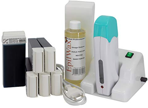 EpilWax Wachswärmer Waxing Set für Enthaarung Haarentfernung mit Aufsteller – Mit 6 Azulene Roll On Wachspatronen, Waxing Gerät, 100 Vliesstreifen und Nachbehandlungsöl
