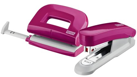 Novus Locher-Tacker-Set E 15 & E 210, inkl. 1.000 Heftklammern, Pink Rosa | Hefter 15 Blatt Heftleistung, Locher 10 Blatt Lochleistung, No. 10 Klammern, Schreitisch Set für Büro, Heimbüro und Schule