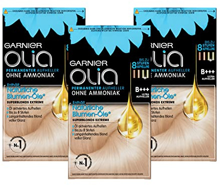 Garnier Olia Haar Aufheller, B+++ Ultra Aufheller, Haarfarbe ohne Ammoniak mit pflegenden, natürlichen Ölen, Vollständige Grauhaarabdeckung, bis zu 8 Stufen Aufhellung, superblonds extreme - 3x1 Stück