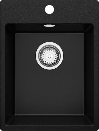 PRIMAGRAN Spülbecken ab 40er Unterschrank + Ablauf-Set, 38x50cm | Set: Ablauf-Set (Siphon, Ablaufgarnitur, Überlauf) + Granitspüle 1 Becken - Riga, Schwarz