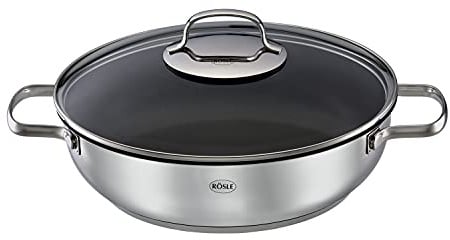 RÖSLE ELEGANCE Servierpfanne Ø 28 cm, Hochwertige Universalpfanne mit Antihaftversieglung ProPlex, Edelstahl 18/10, induktionsgeeignet, spülmaschinengeeignet, silbern