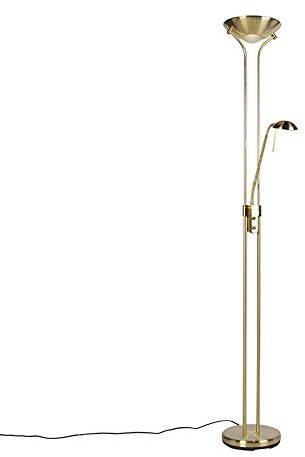 Qazqa led Modern Deckenfluter mit Lesearm, Stehleuchte, Stehlampe - Diva - Gold, Rund, inkl. 18W integrierter LED, dimmbar, 2-flammig, 180cm, Ideal als Bürolampe und Schlafzimmerlampe