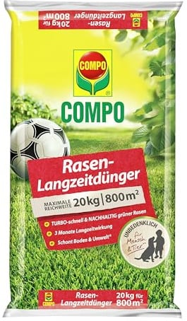 COMPO Rasendünger mit 3 Monaten Langzeitwirkung für Frühjahr und Sommer - tierfreundlich - Premium Rasen-Langzeitdünger - 20 kg für 800 m² - 20 kg für 800 m²