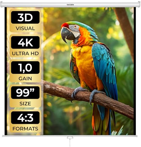 tectake® Heim Kino Zubehör Beamer Leinwand ausziehbar, HDTV & 3D tauglich, Leinwand Rollo, Deckenmontage und Wandmontage, Projektionsleinwand, Gain Faktor 1,0-178 x 178 cm