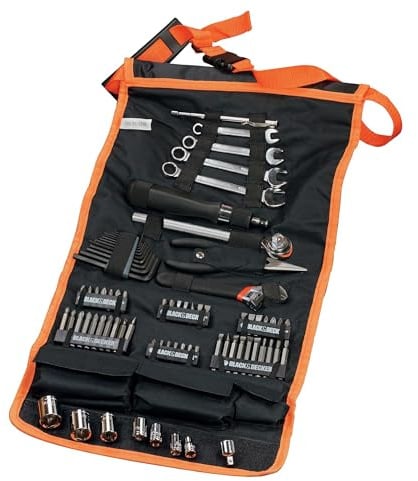 Black + Decker Mechaniker-Set A7063-QZ, 77-teilig, Werkzeugset mit Rolltasche, Schwarz/Orange