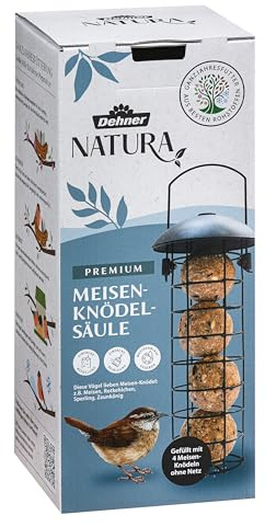 Dehner Natura Premium Wildvogel Futtersäule, Meisenknödelsäule gefüllt, inkl. 4 Meisenknödel, ganzjähriges Wildvogelfutter fettreich / energiereich, hochwertiges Vogelfutter für Wildvögel,ca. Ø 7 cm
