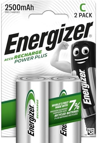 Energizer Recharge Power Plus - Batterien C wiederaufladbar (2 Stück) - 2500 mAh NiMH Akku - Bis zu 3 Jahre nutzbare Batterielebensdauer - 100% plastikfreie Recycelbar Verpackung