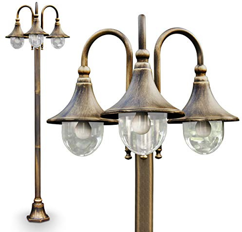 HOFSTEIN Kandelaber Elgin, Außenwegeleuchte aus Metall/Kunststoff in Braun/Gold/Klar, Wegebeleuchtung in antikem Look 225 cm, 3 x E27, IP44, Wegeleuchte im Vintage-Design für Garten, Außenbereich, Hof