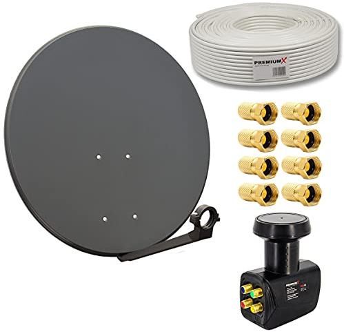 PremiumX Satelliten-Komplettanlage 80cm SAT-Schüssel Anthrazit SAT | Quad LNB 50m Kabel 8x F-Stecker für 4 Teilnehmer | 135 dB Schirmung