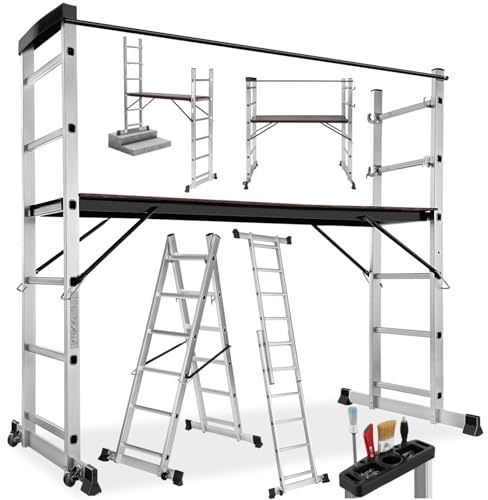 TecTake Gerüst, Leiter 4 in 1, Mobile Mehrzweckleiter, Arbeitsbühne, Baugerüst, Alu Gerüst, Rollgerüst mit Arbeitsplattform, Haushaltsleiter, belastbar bis max. 150 Kg - Silber
