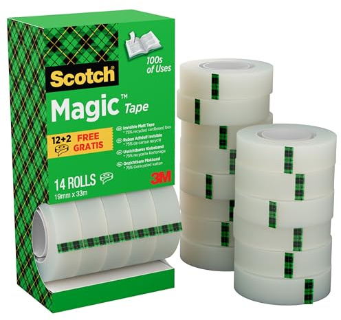 Scotch Magic Tape, Vorteilspack, 14 Rollen, 19 mm x 33 m | Universalklebeband zum Reparieren, Beschriften und Verschließen; Matt, Unsichtbar und Beschreibbar