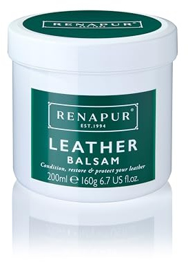 Renapur Lederbalsam, natürlicher Conditioner und Schutz – für Ledermöbel, Schuhe, Taschen, Geldbörsen, Autositze, Motorräder und Sattlerwaren (200ml mit Applikatorschwamm) – Verpackung kann variieren
