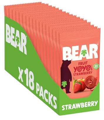 BEAR Fruchtrollen Erdbeere | 100% Natürliche Inhaltsstoffe | Ohne Zusatz von Zucker | Gesunder Snack für Kinder & Erwachsene | 18 Beutel x 20g | 360g