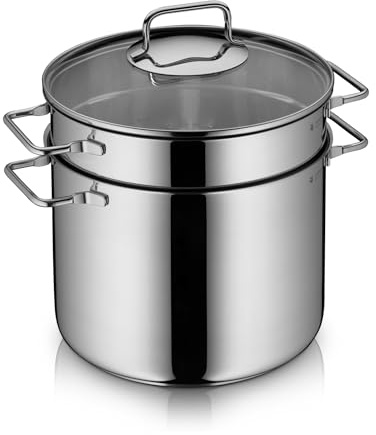 WMF Nudeltopf mit Sieb 24 cm Induktion, Kochtopf groß 7l, Spaghettitopf mit Glasdeckel, Cromargan Edelstahl poliert, Pastatopf