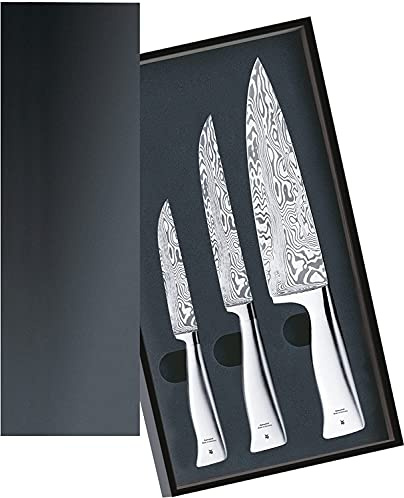 WMF Grand Gourmet Messerset 3teilig, Made in Germany, 3 Damastmesser geschmiedet, Damaststahl 120-lagig, Performance Cut, Messer Set in Holzkassette