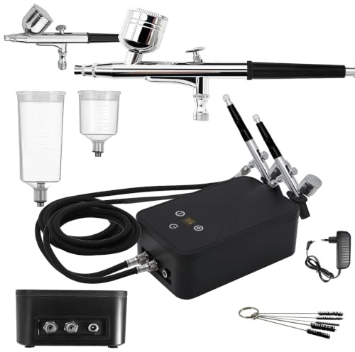 Andreas Dell Airbrush-Set mit 50 PSI Kompressor – 2 Pistolen, Komplettset | Komplettes Airbrush-Set mit 50 PSI Kompressor, 2 Pistolen, Nadeln und Düsen – ideal für Tattoo, Kunst, Malerei und Hobby.