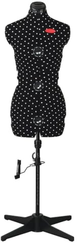PRYM 611752 Schneiderpuppe „Prymadonna Polka Dots“ in schwarz-weißem Pünktchen-Design, dreh- und höhenverstellbar, Größe S (36-42), inkl. Rockabrunder mit Stecknadelfixierung, integriertes Nadelkissen
