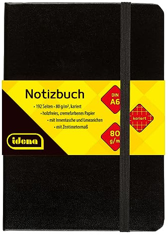 Idena 209282 - Notizbuch DIN A6, kariert, Papier cremefarben, 192 Seiten, 80 g/m², Hardcover in Schwarz