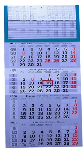 Gefaltet 4 Monats Wandkalender 2026 mit Datumsschieber in Rot, inkl. Ferienübersichten und Jahresüberblick 2026 und 2027, Viermonatskalender werbefrei, 4 Monatskalender