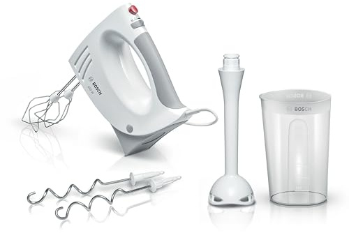 Bosch Handrührer MFQ3540, Handrührgerät, 2 Rührbesen, 2 Edelstahl-Knethaken, spülmaschinengeeignet, 5 Stufen, Pürierstab, Mixbecher, 450 W, weiß