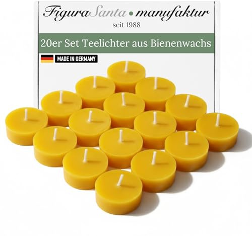 Figura Santa Teelichter Bienenwachs Premium Bienenwachskerzen mit natürlichem Duft Weihnachten - Lange Brenndauer & ohne Hülle (20, Gelb)