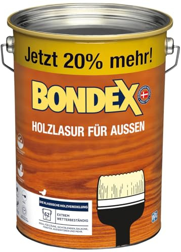 Bondex Holzlasur für Außen Eiche hell 4,8 L für 62 m² | Hoher Wetter- und UV-Schutz | Natürliches Abwittern - kein Abplatzen | seidenmatt | Holzschutzlasur | Holzlasur