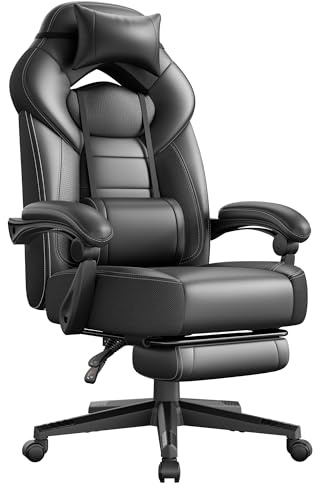 SONGMICS Gaming-Stuhl, Bürostuhl, Computerstuhl, ergonomisches Design, mit Fußstütze, verstellbares Kopfkissen, Lendenkissen, Tragkraft 150 kg, schwarz OBG077B01