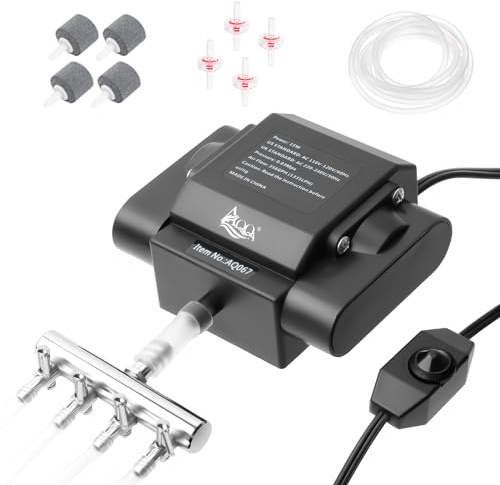 AQQA Aquarium Luftpumpe,Leistungsstarker 4 Ausgänge Aquarium Sauerstoffpumpe,10W Regelbare Sauerstoffpumpe für Aquariums,Leise Aquariums Belüfterpumpe mit komplett Zubehör,bis zu 2200L