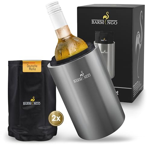 BARMINGO Weinkühler Edelstahl mit Kühlakkus – Getränkekühler & Flaschenkühler für Wein, Sekt, Champagner | Sektkühler doppelwandig mit Kühlmanschetten | Wine Cooler/Wein Kühler, Silber