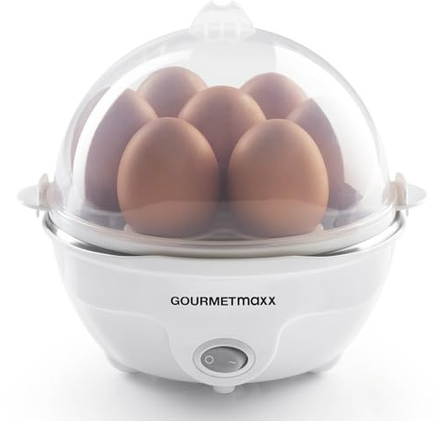 GOURMETmaxx Eierkocher für bis zu 7 Eier | Elektrischer und energiesparender Egg Cooker für individeulle Härtegrade | Inkl. Messbecher mit Ei-Pick für perfekte Ergebnisse | Mit Dampfauslassung [350 W]
