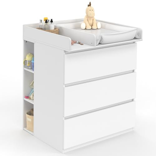 IDMarket - Wickelkommode Ambre weiß 3 Schubladen Wickelaufsatz und 2 abnehmbare Regale