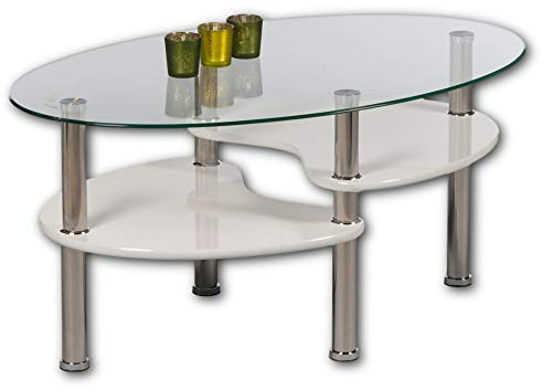PANTY Couchtisch Glas oval, 2 Ablagen, Hochglanz weiß – 90 x 42 x 55 cm | Ovaler Glastisch mit Klarglasplatte, 2 Ablagen in Hochglanz weiß, Edelstahl-Rohre, viel Stauraum – für Wohnzimmer
