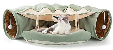 Galatée Katzenbett, Katzentunnel Mit Kissenmatte, Haustierhöhlenbett Mit 2 Hängenden Kratzbällen, Weiches Und Gemütliches Katzentunnelbett, Katzentunnel Für Indoor-Katzen(Hellgrün)