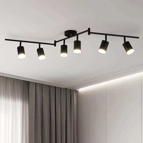 Leselux Deckenstrahler 6 Flammig, Deckenlampe Schwarz GU10, Ohne Glühbirnen | Schwenkbar Deckenleuchte Strahler mit Acrylring, Metall Küchenlampe Wohnzimmerlampe, Modern Deckenspot für Schlafzimmer Büro