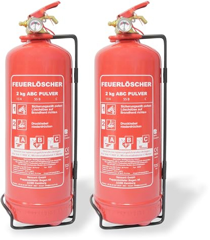 Feuerlöscher für Zuhause - 2x2kg Pulverlöscher Set, Feuerlöscher Auto, ABC Pulver Feuerlöscher inkl. Halterung und Prüfschild