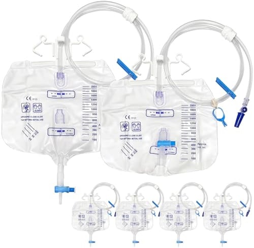 TZEKING 6 Stück Urindrainagesystem, 2000ml Urinbeutel mit Anti Reflux Ventil und T-Ablass, Urinbeutel katheterbeutel, Katheter Beinbeutel, Urindrainagebeutel mit 100cm Schlauch
